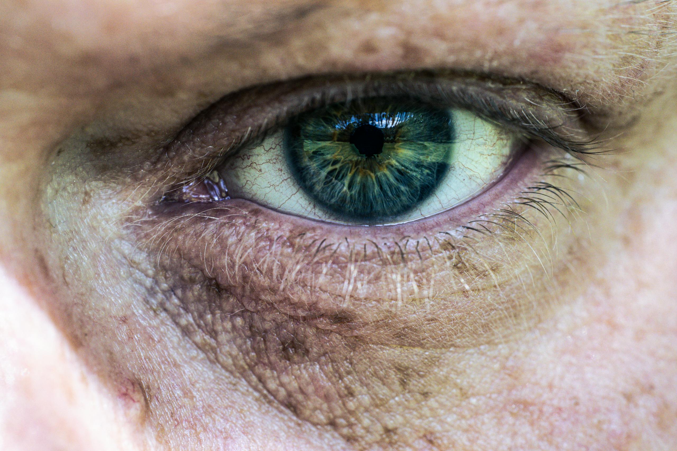Detailed close-up of a human eye, highlighting the vibrant iris and skin texture.