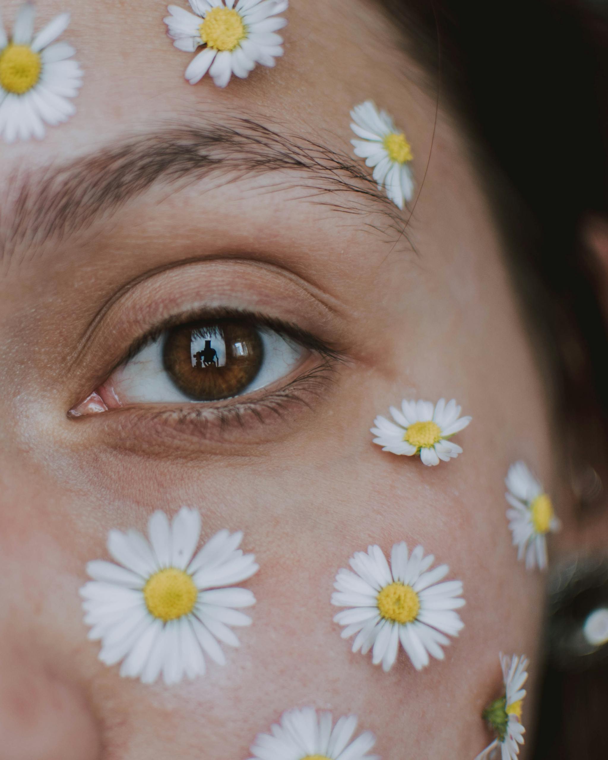 A detailed close-up of a person's eye surrounded by delicate daisy flowers enhancing natural beauty.