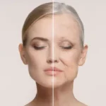 Woman with glowing youthful skin demonstrating an anti-aging skincare routine using retinol, peptides and sunscreen.