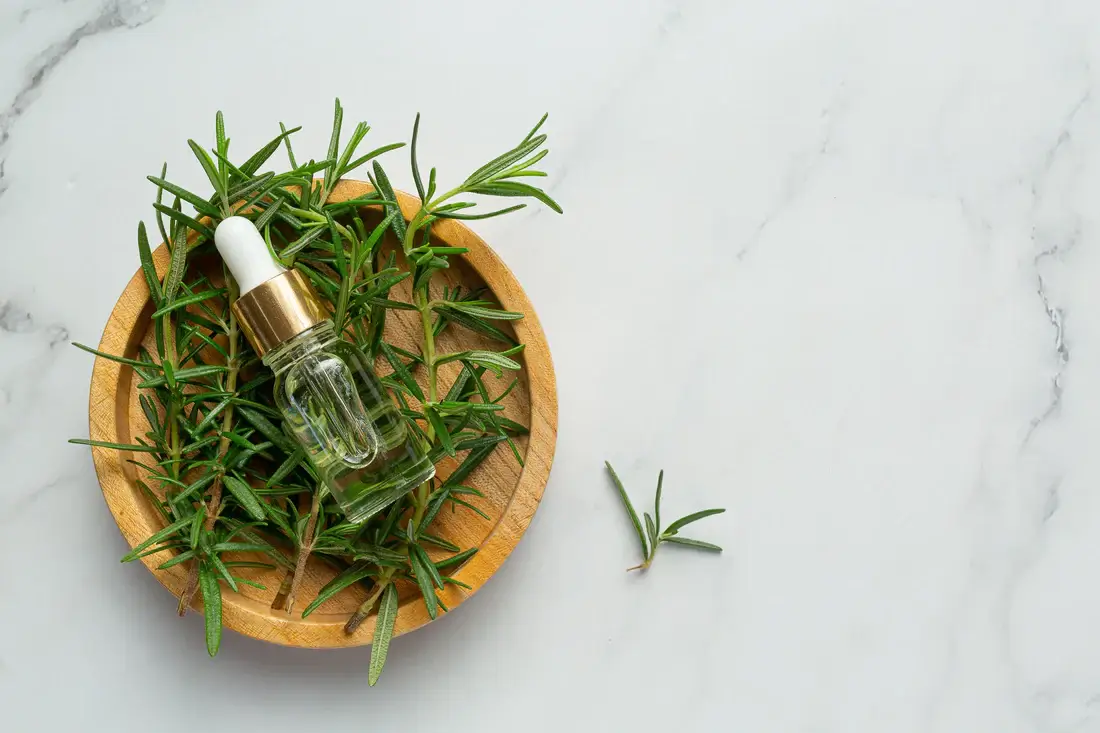 Rosemary oil bottle with fresh rosemary leaves for hair growth.